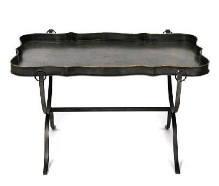 dec-col-tables3-435 metal base table - Italian black tole tray table on wrought iron base - bonhams via atticmag