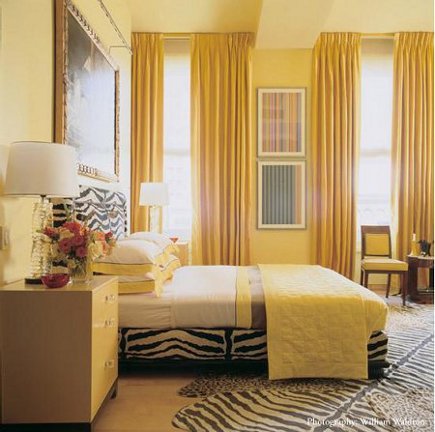 dec-rooms-yellowbed2-435 sunflower yellow bedroom with zebra print bed and rug by Jamie Drake - Drake Design Associates via Atticmag