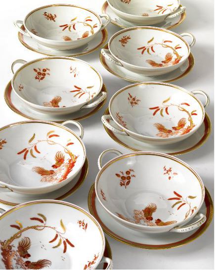Brooke Astor estate auction - Richard Ginori Fighting Cock cream soup bowls and saucers from the estate of Brooke Astor - Sotheby's via Atticmag