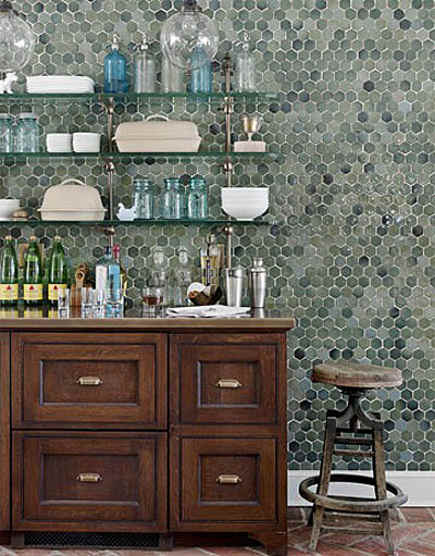 hex tile kitchen done in Trikeenen Basics Outer Galaxy hexagonal tiles - House Beautiful via Atticmag