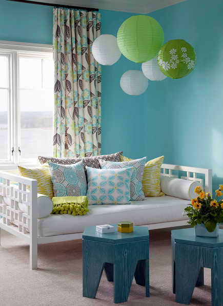 blue and green bedrooms - vibrant blue and green bedroom with day bed by Bear-Hill Interiors via Atticmag