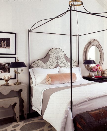 Shaped headboards - Italian wrought iron bed with upholstered shaped headboard from Tara Shaw Maison via Atticmag