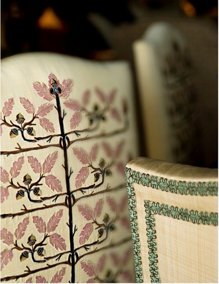 embroidered chairs in a dining room by Cathy Kincaid Interiors - house beautiful via atticmag