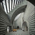 gray and white striped interiors - Church of St. John the Baptist in Mogno, Switzerland - Mario Botta via Atticmag