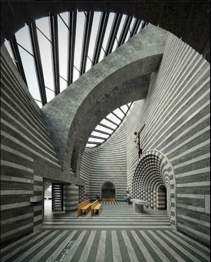 gray and white striped interiors - Church of St. John the Baptist in Mogno, Switzerland - Mario Botta via Atticmag