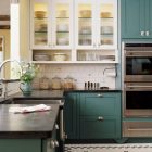blue green kitchens - classic kitchen with blue-green cabinets - BH&G via Atticmag