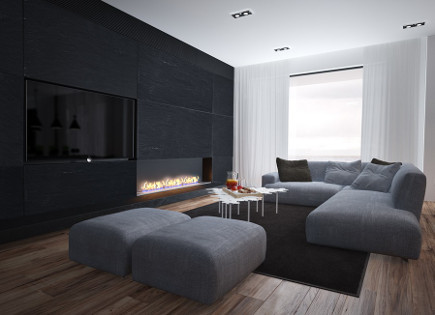 exposed flat screen tv in contemporary living room - Sergey Makhno via Atticmag
