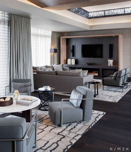 living/media room with flat screen tv niche - Jeffrey Alan Marks Design via Atticmag