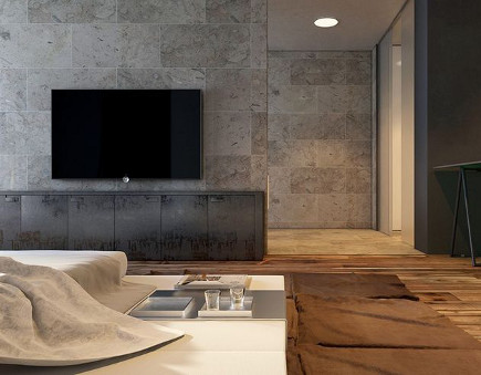 bedroom with flat screen tv hung on the wall - Sergey Makhno via Atticmag