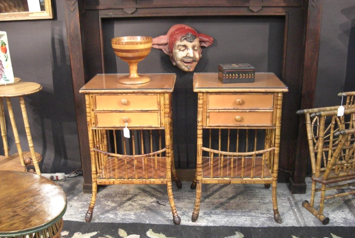 fishing camp - Victorian bamboo side tables and magazine rack at New York Piers Antique show - Atticmag