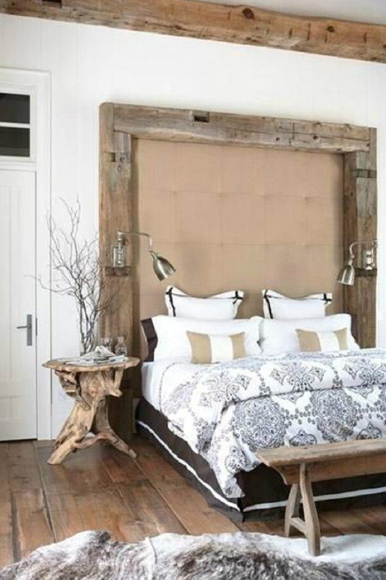 tall headboards - rustic timber framed upholstered headboard - usualhouse.com via atticmag