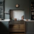 deVol kitchen - Shaker cabinets in Flint gray set the tone for a London kitchen with a Smeg range and minimalist lines - deVol Kitchens via Atticmag
